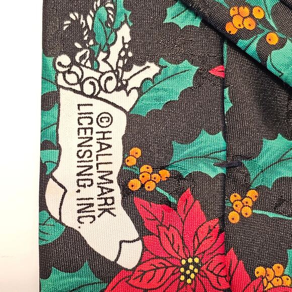Christmas Holiday Tie Hallmark Yule Necktie Greeting Poinsettia Holly Black USA - Picture 7 of 8